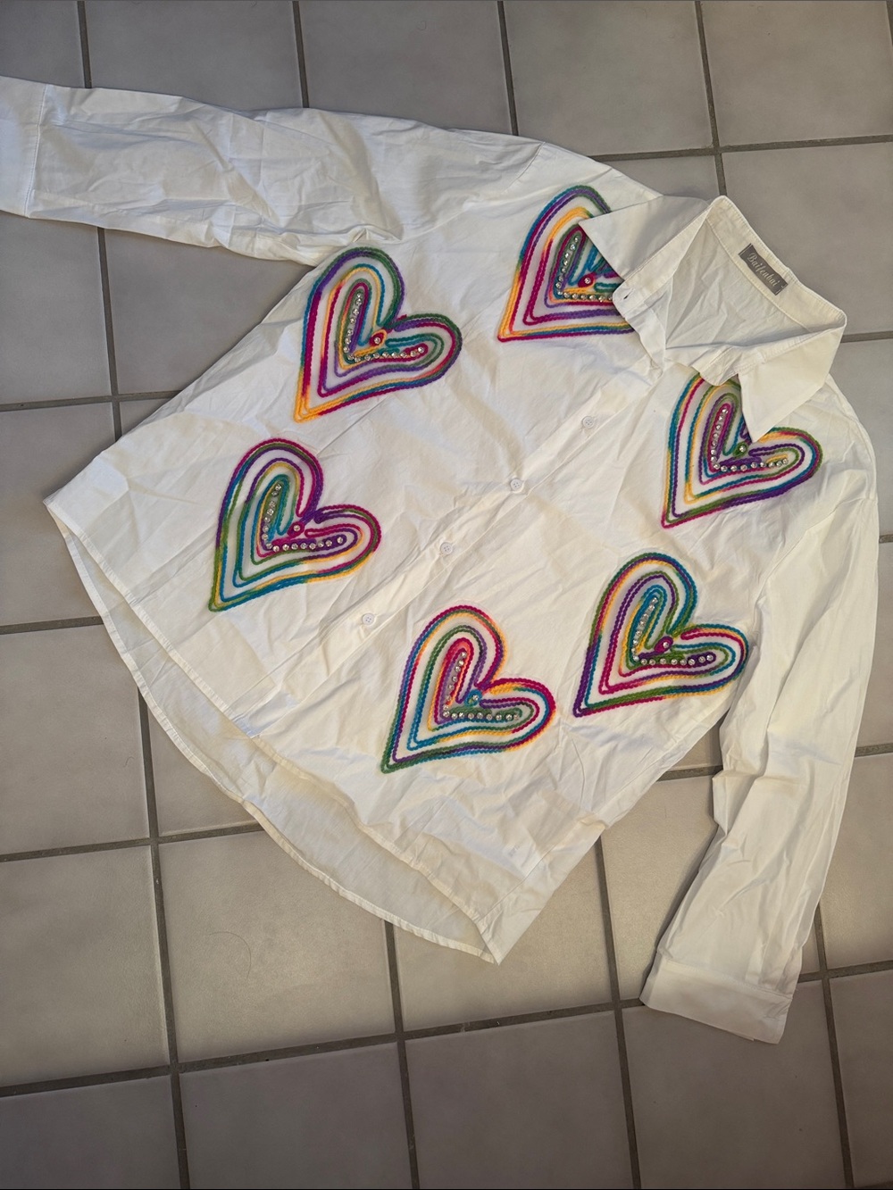 White Button-Up Shirt with Rainbow Heart Appliqués